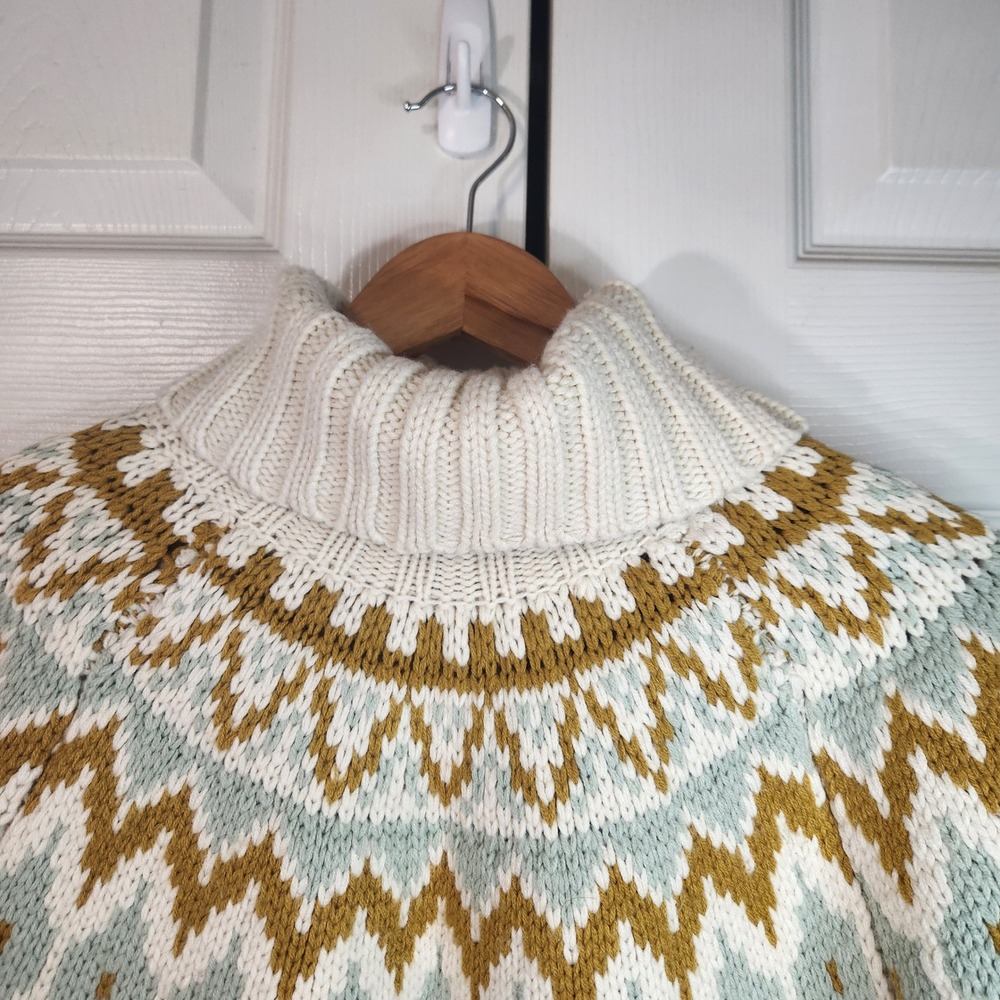 Rachel Zoe Womens Fair Isle Turtleneck Sweater Ivory Gold Sage Blue Small Nordic - Picture 6 of 10